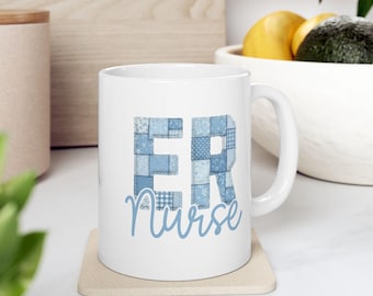 Blue Patchwork ER Nurse Ceramic Mug, Emergency Nurse Gift