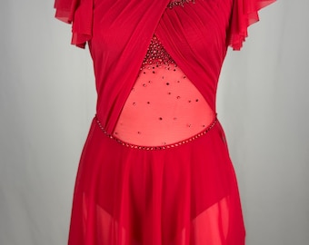 Red Lyrical Dance Custom Costume, Rhinestoned Appliqués, Adult Small