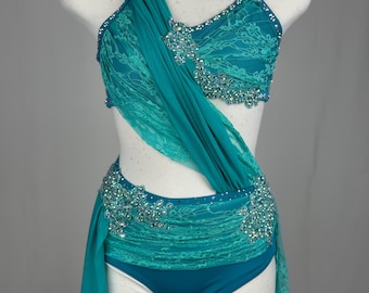 Turquoise Lyrical Dance Costume: Rhinestone Appliques, Adult X-Small