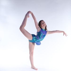 READY-TO-SHIP // Child Medium // Blue and Teal Metallic Fringe Jazz Costume