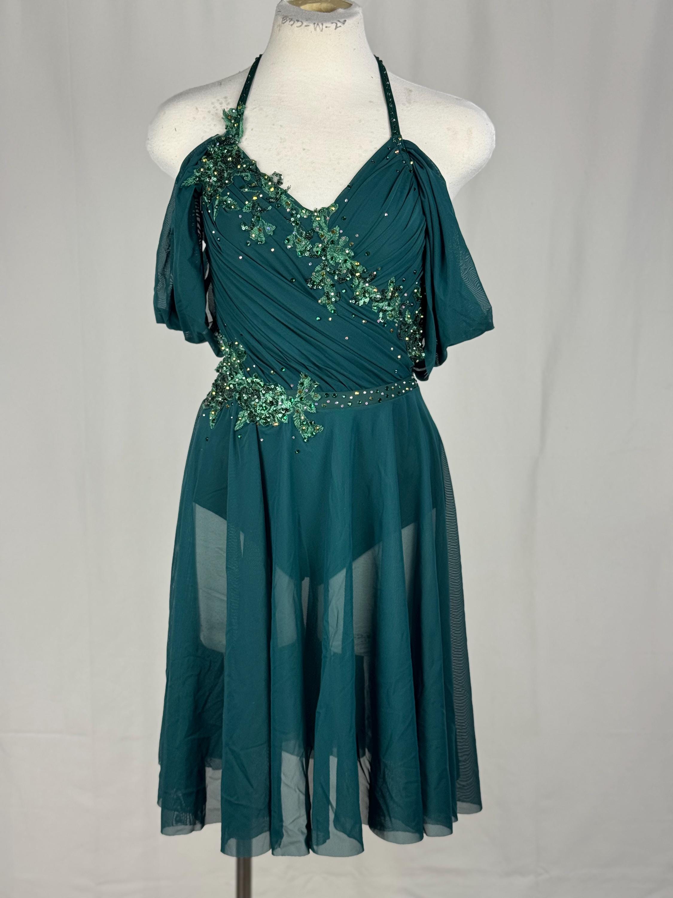 dark green dance dress Lyrical Costume, Rhinestone Appliqués, Adult X-small midi slip side slit dress