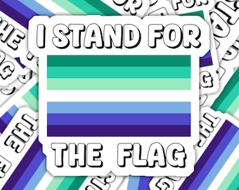 Puede incluir: Una pegatina con una bandera de rayas verdes, verde claro, azules y moradas. El texto "I stand for the flag" está impreso en letras blancas en negrita en la pegatina.