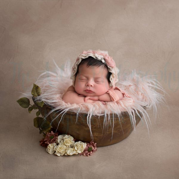 Newborn Digital Photography Backdrop, Wooden Bowl Photo Background, Pink Flower Scene, Peach Flower Photo Scene, Baby Girl Photo Background