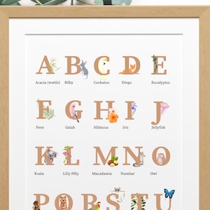 Australian Alphabet Poster nursery wall decor, Australian animals, plants & flowers, ABC Aussie printable for baby a to z gender neutral