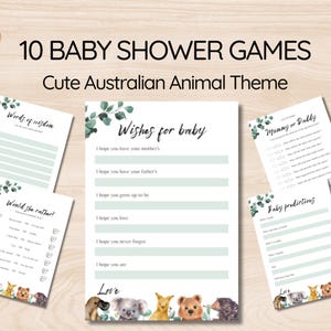 Australian animal theme baby shower games printable 10 baby shower activities cute Aussie animals green & black Australian native gum leaves