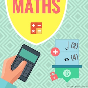 May include: A yellow shield with the text "CHALLENGE DE MATHS" and a calculator icon. A blue and white sheet of paper with a musical note and a circle with the numbers 2 and 4. A red plus sign. A green and blue lock with the number 6.