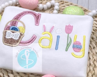 Maglietta pasquale ricamata per bambine, Maglietta pasquale monogrammata per bambine, Vestito pasquale personalizzato per bambine, Maglietta pasquale per bambine, Maglietta pasquale con maniche a balze