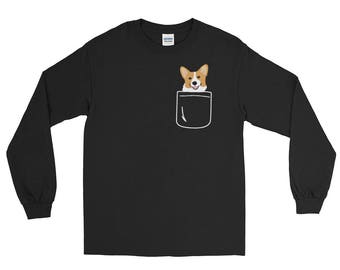 Corgi In Pocket Long Sleeve T-Shirt Cute Paws Blush Smile Puppy Emoji Funny Gift for Corgi Dog Lover Sweatshirt Welsh Pembroke Corgi Shirt