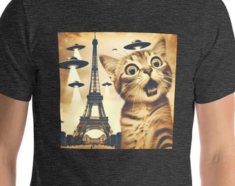 Funny Cat Selfie with Alien UFO Shirt, Flying Saucer Shirt, Feline Lover Gift, Paris Eiffiel Tower Shirt, Spaceship Invasion, Cat Dad Mom