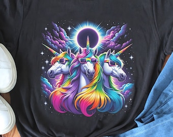 Three Unicorns Eclipse Moon Shirt, Magical Unicorn Wearing Solar Eclipse Glasses Tee, Celestial Astronomy Gift, Unicorn Lover Shirt