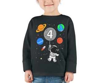 4th Birthday Shirt, Astronaut Birthday, Outer Space, Fourth Birthday, Boys Girls Birthday Shirt, Toddler Birthday, Astronomy, Long Sleeve