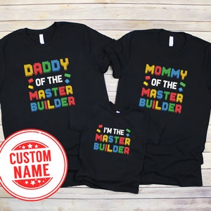 Camisa de bloque de construcción a juego familiar, tema de ladrillo de construcción de cumpleañero, camiseta con nombre personalizado, papá mamá hermano personalizado, amante del maestro constructor