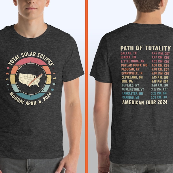 Total Solar Eclipse Double Sided Shirt, USA Map American Tour 2024 Tee, Cities States Totality Path, Front and Back, Eclipse Souvenir Gift