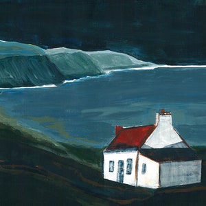 May include: A white cottage with a red roof sits on a grassy hill overlooking a dark blue body of water. The water is calm and reflects the dark sky above. The scene is painted in a minimalist style with muted colors.