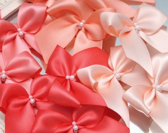 coral satin ribbon bows with pearls, high quality handmade light pale peach apricot bows, dark coral bows, wide bows for scrapbooking