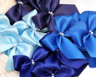 blue satin ribbon bows with pearls, high quality handmade light pale baby blue bows, royal blue bows, bright dark blue, navy blue bows