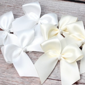 white bows white ivory beige satin ribbon bows with pearls, large high quality handmade ivory white bows, beige bows, big bows