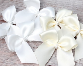 white bows white ivory beige satin ribbon bows with pearls, large high quality handmade ivory white bows, beige bows, big bows