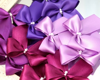 purple satin ribbon bows with pearls, high quality handmade light lilac bows, lavender bows, dark purple ribbon bows, violet bows