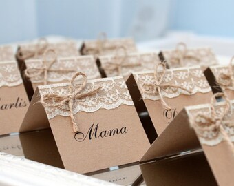 Rustic Wedding Place Cards – Kraft Name Cards with Lace for Country Table Setting