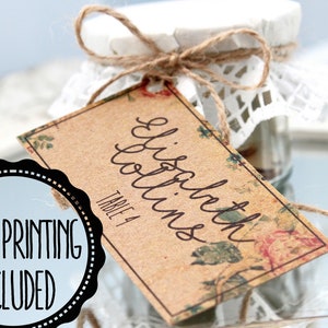 personalized vintage wedding favor tags, kraft wedding tags for favors, shabby chic wedding name place tags, vintage wedding place name tags