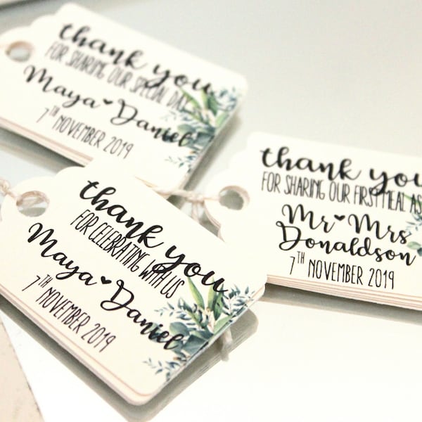 10 personalized tags greenery wedding favor mini labels thank you for sharing our first meal special day celebrating with us ivory white