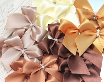 chocolate brown satin ribbon bows with pearls, high quality handmade antique gold bows, cafe late bows, champagne bows, bronze bows