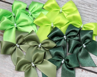 dark green bows, khaki green bows, lime green bows, spring green bows, green satin ribbon bows with pearls, high quality handmade