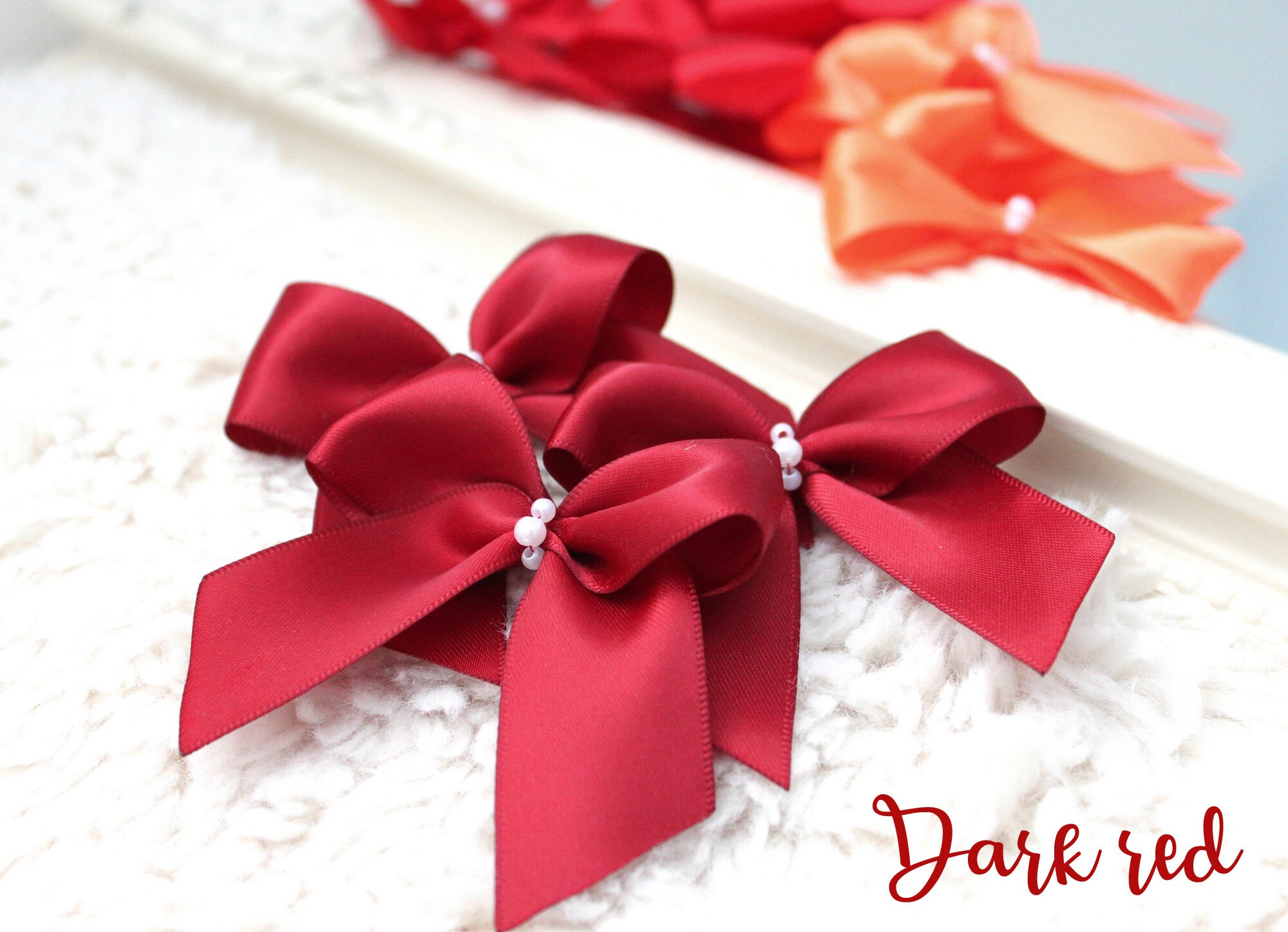 Red Color Bow Red Satin Ribbon Bows With Pearls, High Quality Handmade Orange Bows ...