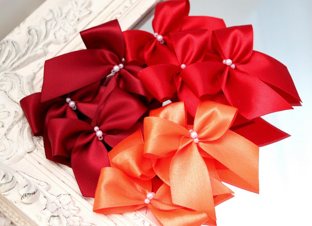 Red Satin Ribbon Bows With Pearls, High Quality Handmade Orange Bows ...