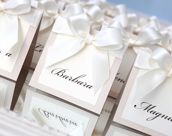 Ivory Wedding Place Cards – Personalized Name Placecards with Satin Ribbon Bow