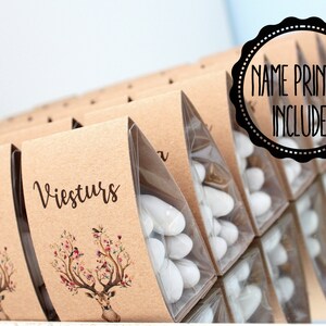 envoltura personalizada del favor de la boda para los invitados con astas de los ciervos, personalizado kraft favor bonbonniere bolsas, rústico gracias lugar tarjetas
