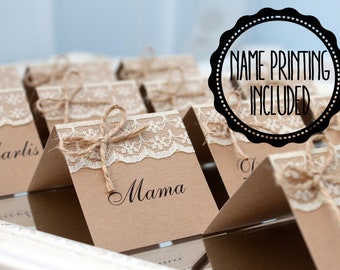 rustic place cards, rustic wedding place cards, country wedding place cards, name cards with lace, place cards with lace, rustic name cards