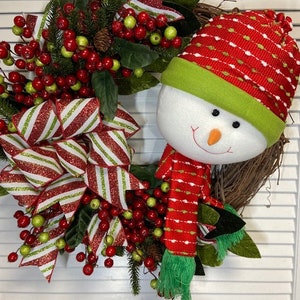 Whimsical Snowman Wreath, Lime Green and Red Snowman Wreath, Christmas Snowman Wreath, Whimsical Christmas Wreath, Holiday Snowman Wreath