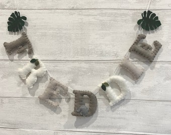 Safari Jungle Nursery Personalised Felt Name Banner with Cheese Plant Leaves - Safari Nursery Decoration - Name Bunting For Nursery