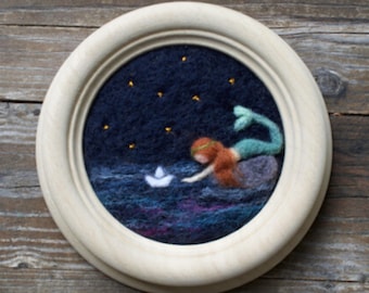 Dreamy Wool Picture of Mermaid and Paper boat Miniature Artwork