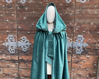 Venetian Velvet Cloak lined with Satin, Green Cloak, Women's or Men's Cloak with Hood