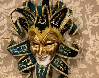 Green Joker Venetian Mask, Handmade in Papier Mache, Halloween Mask, Masquerade Ball