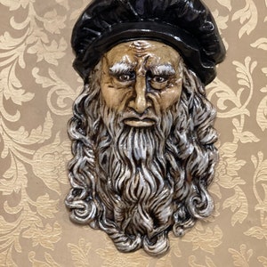 Leonardo Da Vinci papier-mâché mask made entirely by hand and hand-decorated with acrylic colours