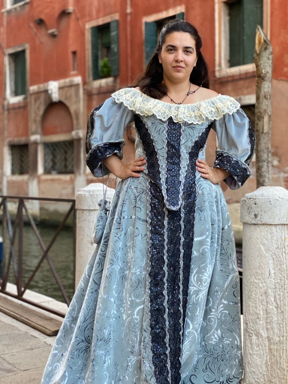 Colonial Woman Dress Large Costume Historical Blue Victorian Peasant  Theater