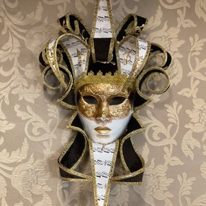 Máscara Veneziana, Máscara de Halloween, Máscara de Carnaval, Jolly Black/Dourado, feita à mão em papel machê