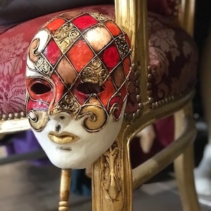 Venetian Mask Face with stick, in papier-mâché, handmade.