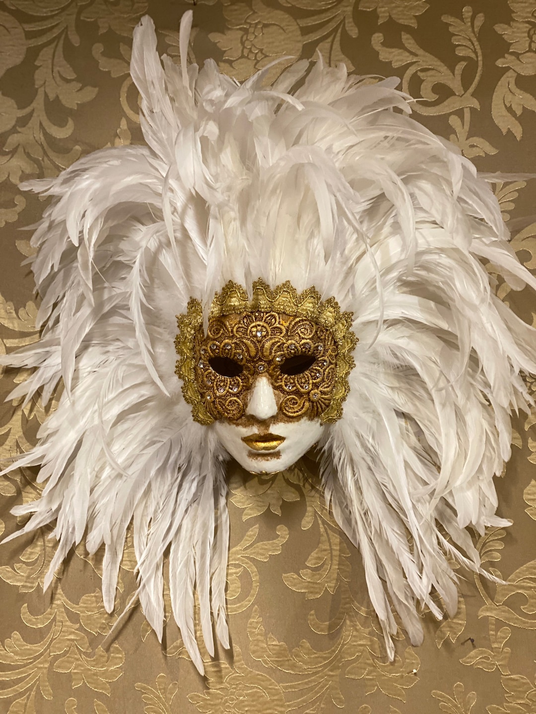 Venetian Mask Face White Feathers , Lace and Swarovski Cristal