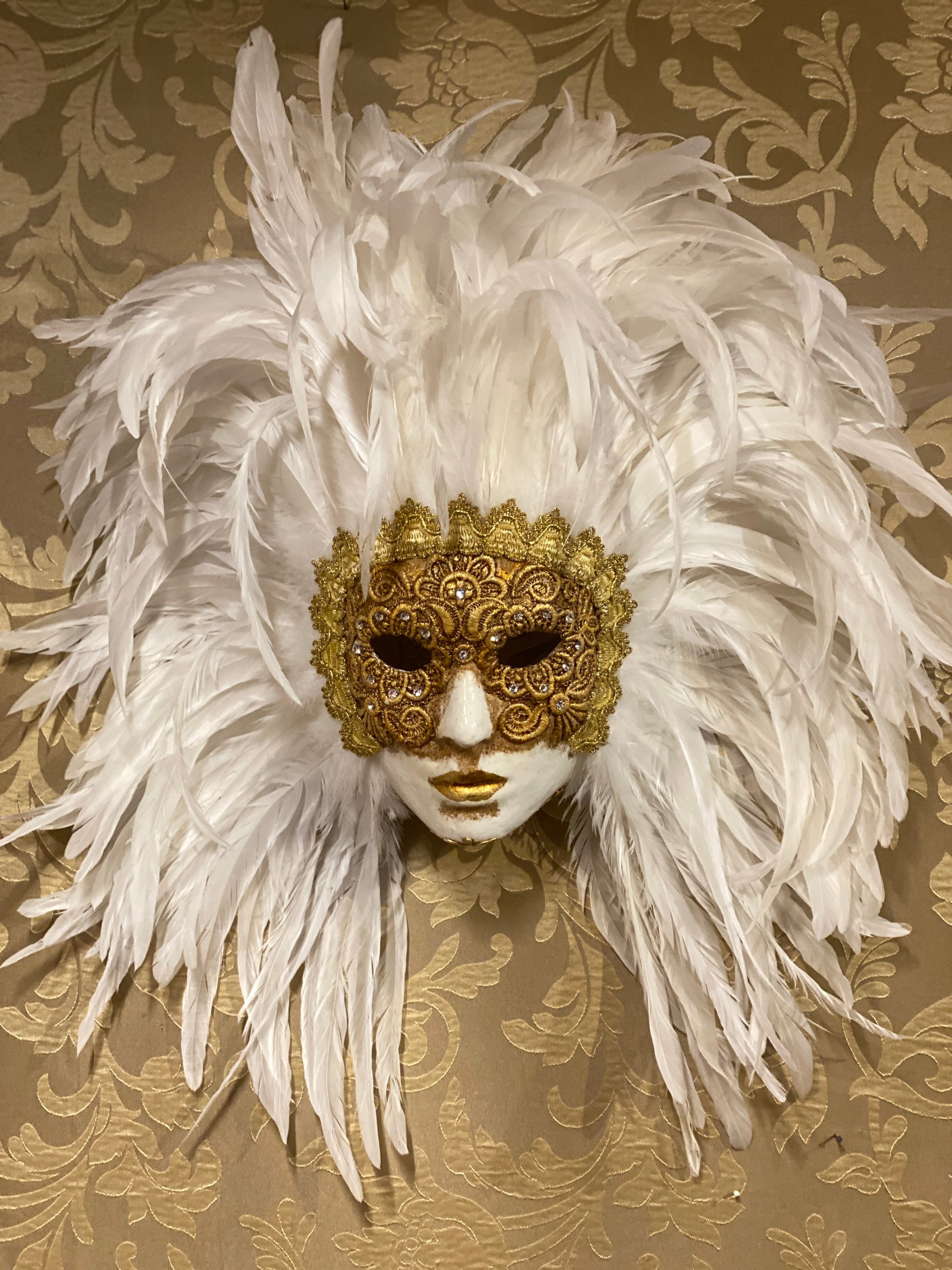 Mask Face White Feathers Lace and Swarovski Cristal Etsy