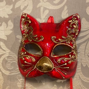 Red Cat Venetian Mask, Original Venetian Unisex Mask, handmade in papier-mâché