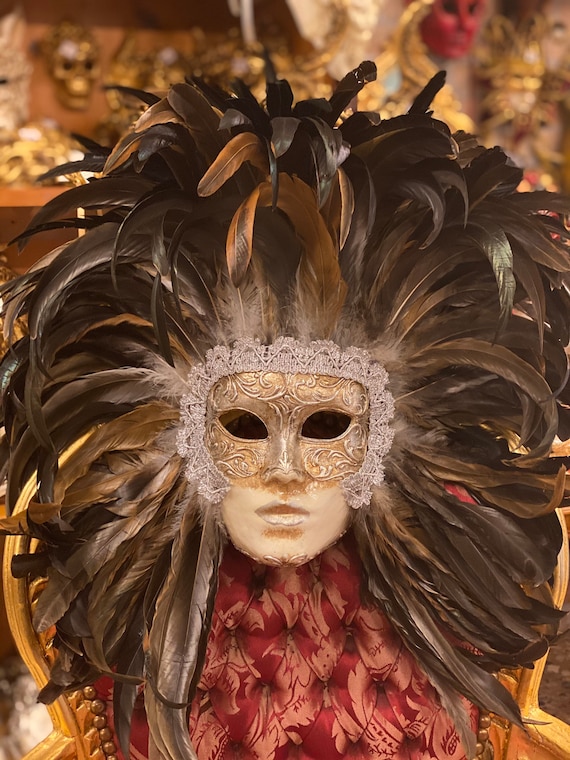 ベネチアンマスク、本物の羽根付き顔、カーニバルマスク、パピエマシェ