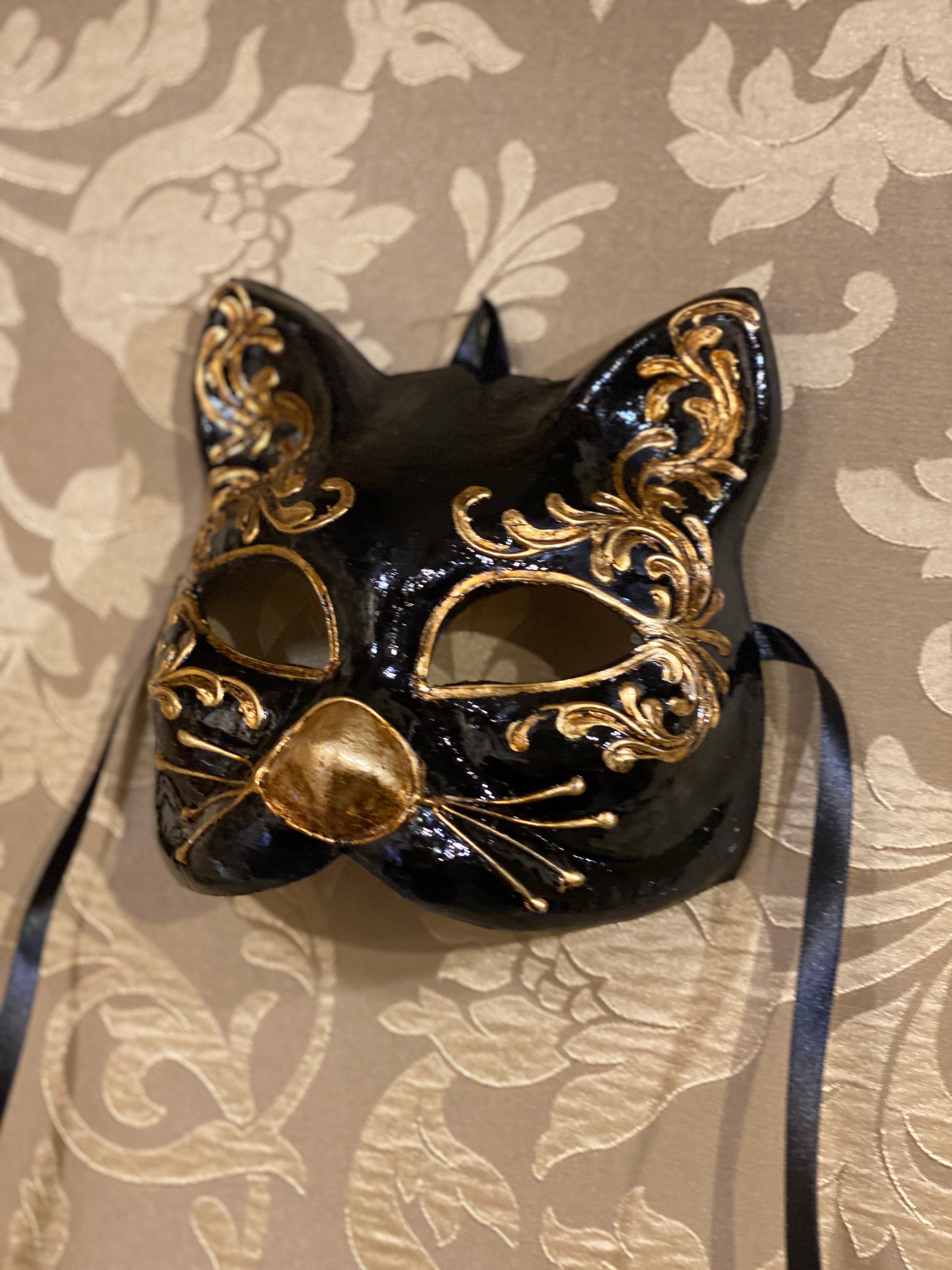 Venezianische Augenmaske aus Metall Katze Schwarz 