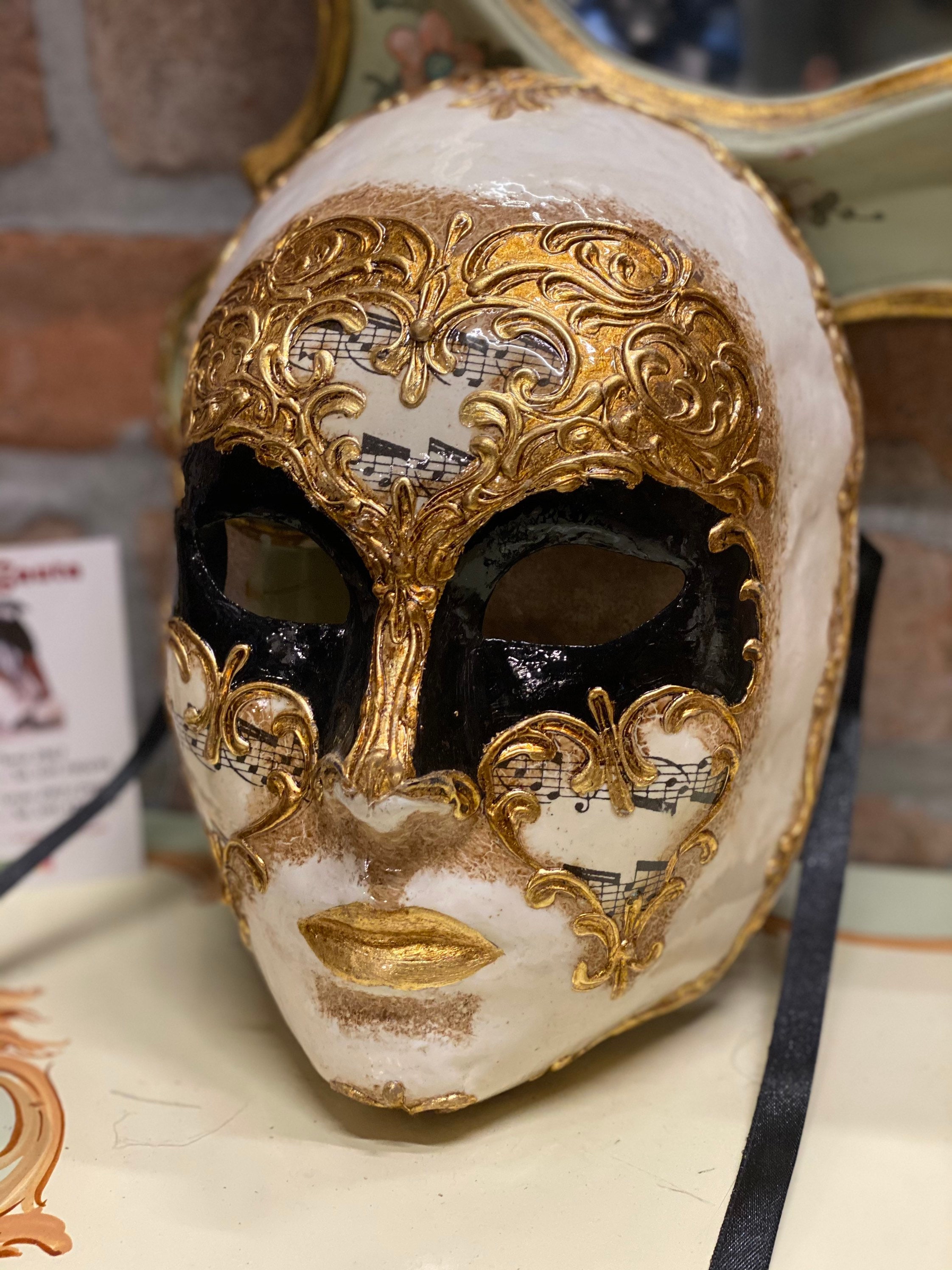 Venetian Mask Face Musical Notes, Wearable Mask, Carnival Mask, Halloween, Handmade in Papier Mache