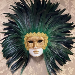 Venetian mask, green feather face, carnival mask, original mask, halloween mask
