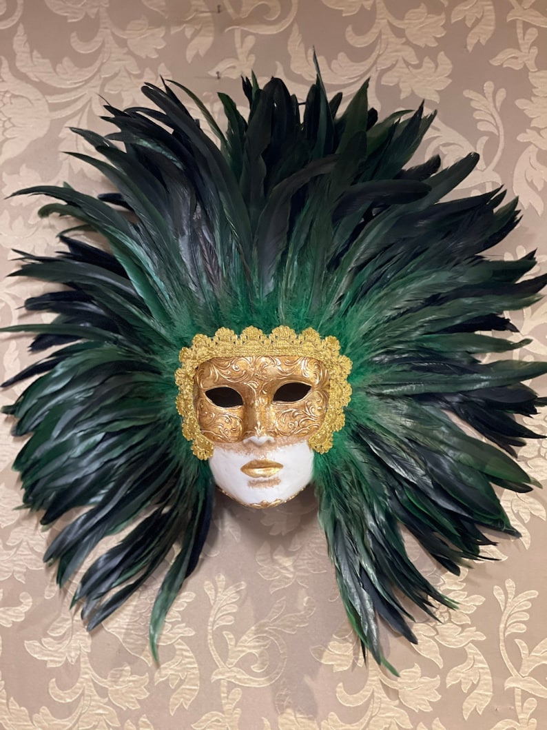 Mask Green Feather Face Carnival Mask Original Etsy New Zealand